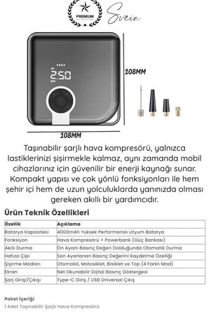 #Kompresör Taşınabilir Şarjlı Powerbank Hava Kompresörü Dijital Ekranlı Kablosuz Lastik Şişirme Otomatik Durma Akıllı Hafıza 4000mAh Basınç Ölçer Araç Motosiklet Bisiklet Top Pompası