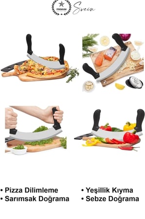 Yarım Ay Satır Kıyma Bıçağı Paslanmaz Çelik 25.5 cm Çift Saplı Sebze Doğrama Yeşillik Maydanoz Soğan Sarımsak Et Kıyıcı Pizza Dilimleme Kesici Mutfak Zırhı Bakalit Sap Bulaşık Makinesinde Yıkanabilir