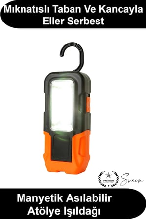 Pilli COB LED Çalışma Lambası Mıknatıslı Kancalı Taşınabilir Projektör Işık Kamp Feneri Garaj Tamirhane Oto Bakım Acil Durum Aydınlatması 20 Metre Menzilli Kablosuz Seyyar Çok Amaçlı Askılı Model