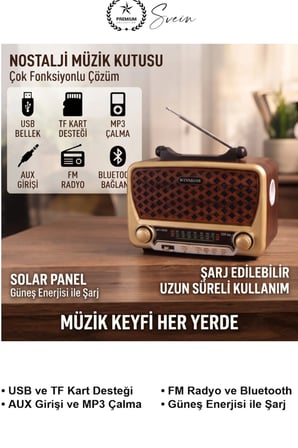 #NostaljiMüzikKutusu Solar Panelli Şarjlı Bluetooth Hoparlör Retro Radyo FM AM SW USB TF Kart AUX Girişli LED Fenerli Taşınabilir Ahşap Görünümlü Kamp Ev Ofis Dekoratif Vintage MP3 Çalar Kulplu