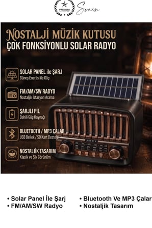 #SolarRadyo Güneş Panelli Şarjlı Nostaljik FM Radyo Bluetooth Hoparlör AUX USB TF Kart Girişli AM SW Retro Müzik Kutusu Type-C 2000 mAh Bataryalı Taşınabilir Kamp Ev Ofis Bahçe Piknik Hediyelik Klasik