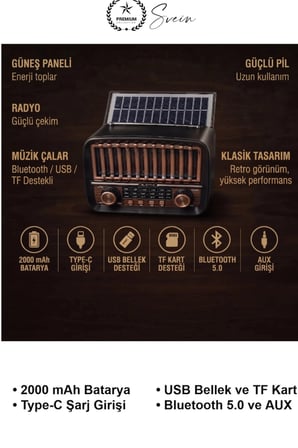 #SolarRadyo Güneş Panelli Şarjlı Nostaljik FM Radyo Bluetooth Hoparlör AUX USB TF Kart Girişli AM SW Retro Müzik Kutusu Type-C 2000 mAh Bataryalı Taşınabilir Kamp Ev Ofis Bahçe Piknik Hediyelik Klasik