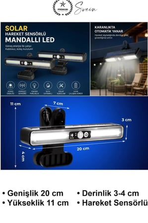 #SolarLamba 2'li Mandallı 36 LED Güneş Enerjili Hareket Sensörlü Bahçe Aydınlatma 3 Modlu Kablosuz Dış Mekan Balkon Teras Korkuluk Şemsiye Kamp Çadır Işığı Suya Dayanıklı Kıskaçlı Garaj Duvar Spotu