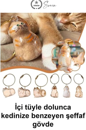 #KediAnahtarlığı Kedi Figürlü Şeffaf Anı Anahtarlığı Tüy Saklama Hazneli Hatıra Aksesuarı Evcil Hayvan Sahibine Anlamlı Hediye Çanta Süsü Akrilik Metal Halkalı Sevimli Tasarım Karışık Model 4-6 cm