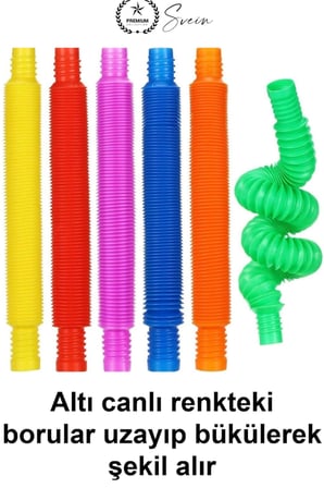 #BoruOyuncak Pop Tubes 6'lı Set Rengarenk Esnek Plastik Uzayan Bükülen Körüklü Ses Çıkaran Stres Giderici Fidget Oyuncağı Yaratıcı Şekil Oluşturma Çocuk Hediyesi Birbirine Eklenebilen Eğlenceli Hafif