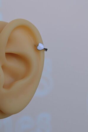 Beyaz Kalpli Halka Tragus Piercing Helix Kıkırdak Küpesi Gümüş Renkli