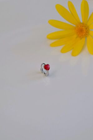 Kırmızı Kalpli Halka Tragus Piercing Helix Kıkırdak Gümüş Renkli