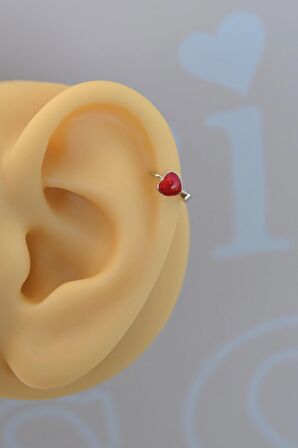 Kırmızı Kalpli Halka Tragus Piercing Helix Kıkırdak Gümüş Renkli