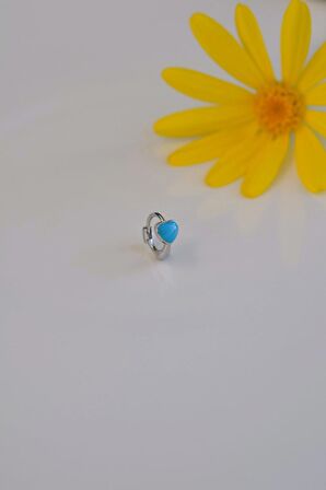 Mavi Kalpli Halka Tragus Piercing Helix Kıkırdak Küpesi Gümüş Renkli