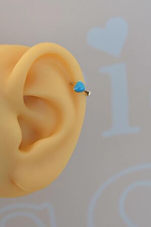 Mavi Kalpli Halka Tragus Piercing Helix Kıkırdak Küpesi Gümüş Renkli