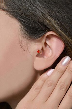 Kırmızı Kalpli Halka Tragus Piercing Kıkırdak Küpesi