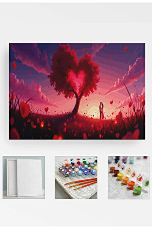 Sayılarla Boyama Seti Numaralı Tuval Fırça Boya - 40x50 Cm Kalp Ağaç