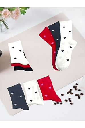 3'lü Çok Renkli Sevimli Kalp Desenli Kadın Soket  Çorap Seti 3  LÜ SET