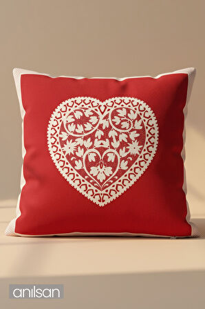 Kalp Desenli Çift Taraflı Kırlent Kılıfı - 45x45 cm Yılbaşı Dekoratif 