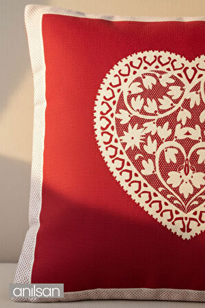 Kalp Desenli Çift Taraflı Kırlent Kılıfı - 45x45 cm Yılbaşı Dekoratif 