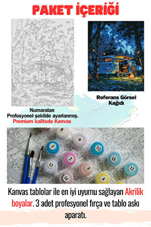Sayılarla Boyama Çerçeveli Hobi Seti Numaralı Tuval Fırça Boya Dahil Kasnaklı KAMP 40X50 Cm
