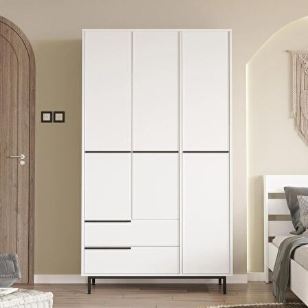 Robin Home Lidya Gardırop 3 Kapı 2 Çekmece Metal Ayaklı 196cm Beyaz 
