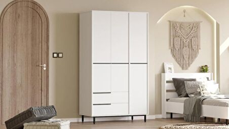 Robin Home Lidya Gardırop 3 Kapı 2 Çekmece Metal Ayaklı 196cm Beyaz 