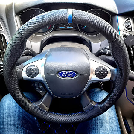 DİKİŞLİ DİREKSİYON KILIFI KARBON DERİ NOKTA DERİ MAVİ YÜZÜK MAVİ DİKİŞLİ FORD FOCUS 2014 SONRASI
