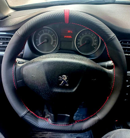 DİKİŞLİ DİREKSİYON KILIFI KARBON DERİ NOKTALI DERİ KIRMIZI YÜZÜK KIRMIZI DİKİŞ PEUGEOT 301 İÇİN