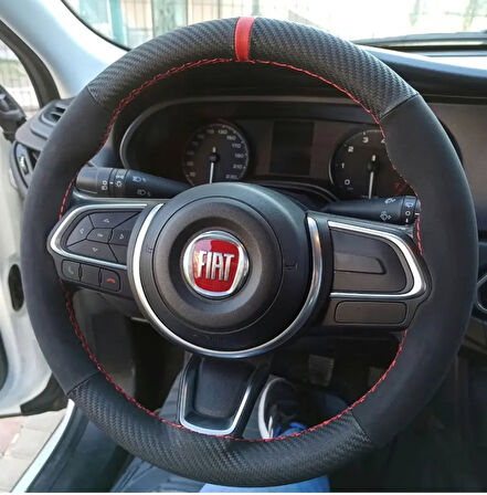 DİKİŞLİ DİREKSİYON KILIFI KARBON NUBUK DERİ KIRMIZI YÜZÜK KIRMIZI DİKİŞLİ EGEA İÇİN