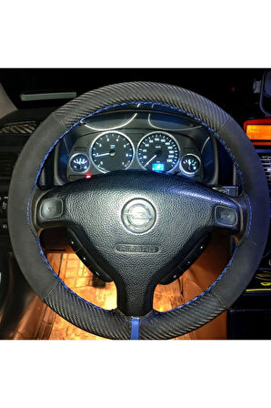 DİKİŞLİ DİREKSİYON KILIFI KARBON NUBUK DERİ MAVİ YÜZÜK MAVİ DİKİŞLİ OPEL ASTRA
