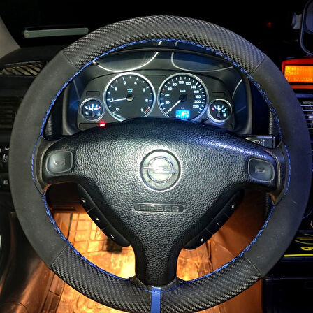 DİKİŞLİ DİREKSİYON KILIFI KARBON NUBUK DERİ MAVİ YÜZÜK MAVİ DİKİŞLİ OPEL ASTRA