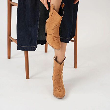 Süet Kadın Kısa Kovboy Kanvas Western Bot