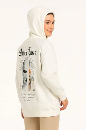 Kapşonlu Sweatshirt – Oversize Üç İplik Şardonlu Hoodie, “Other Lives” Ön - Arka Baskılı, Kanguru Cepli, Kışlık Rahat Günlük Stil - Beyaz