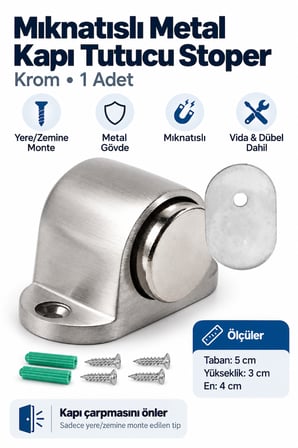 Mıknatıslı Küçük Metal Kapı Tutucu Stoper Krom Vidalı Zemin Montajlı Kapı Durdurucu Tampon Çarpma Önleyici Kapı Sabitleyici Rüzgarda Kapı Tutucu Stop Aparatı Kapı Arkası 1 Adet Vidalı Montajlı