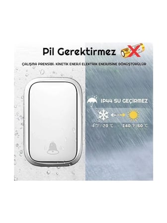 Luve Store Pilsiz Kablosuz Kapı Zili 150 Metre IP44 Suya Dayanıklı 60 Melodili