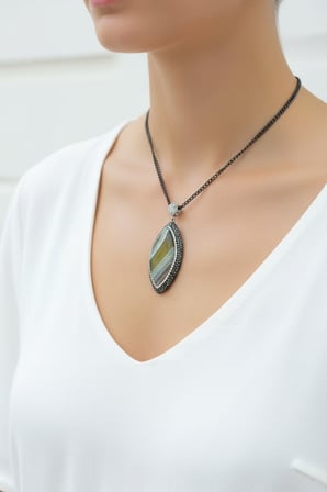 Oval Nazarlık Zirkon Taşlı Doğal Taş Kolye Ucu Kaplan Gözü
