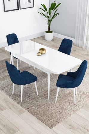 Kar Serisi 80x132 Açılabilir Mdf Beyaz Mutfak Masa Takımı 4 Lacivert Sandalye