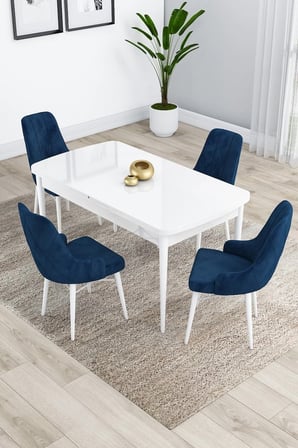 Kar Serisi 80x132 Açılabilir Mdf Beyaz Mutfak Masa Takımı 4 Lacivert Sandalye