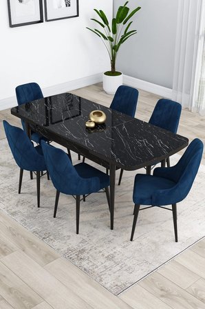 Kar Serisi 80x132 Açılabilir Mdf Siyah Mermer Desenli Masa 6 Lacivert Sandalye Mutfak Masası Takımı