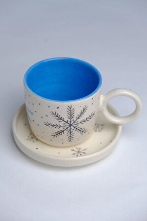 Kar Tanesi Desenli Tabaklı El Yapımı Seramik Kupa, Seramik Kupa, Mug, Nescafe Kupası, Handmade