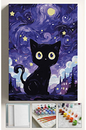 Sayılarla Boyama Seti Numaralı Tuval Fırça Boya 40x50 Cm Kara Kedi