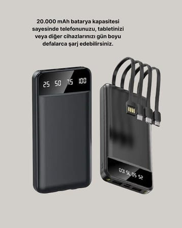 20.000 Mah 4 Çıkışlı Led Göstergeli Hızlı Şarj Powerbank