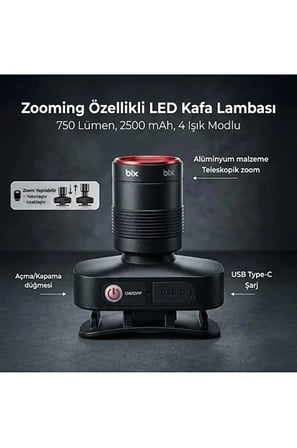 Bxt1Fl 10W Şarj Edilebilir Kafa Feneri 750 Lümen 2500Mah 4 Işık Modlu Zoom Özellikli Led Kafa