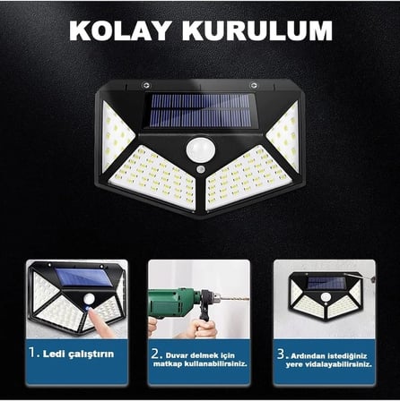 100 Led Dış Mekan Solar Aydınlatma Fotoselli Solar Lamba Hareket Sensörlü
