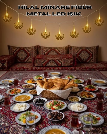 Pilli Minareli Hilal Led Işık Gold Metal Ramazan Dekorasyonu