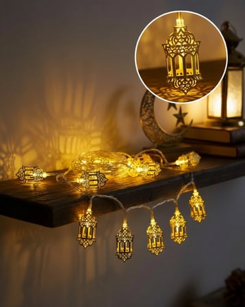 Altın Fener Detaylı Pilli Ramazan Led Işık Ev Dekorasyonu