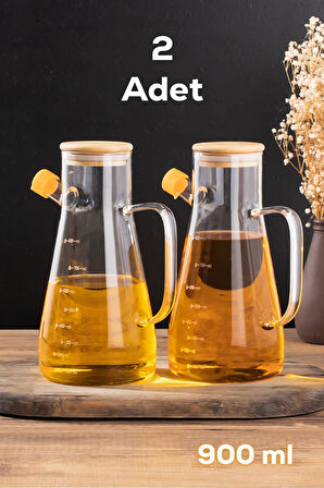 Porsima 401275 2'li Alisa Bambu Kapaklı Borosilikat Ölçekli Cam Yağlık Silikon Tabanlı Dereceli Yağdanlık 900 mL