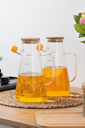 Porsima 401275 2'li Alisa Bambu Kapaklı Borosilikat Ölçekli Cam Yağlık Silikon Tabanlı Dereceli Yağdanlık 900 mL