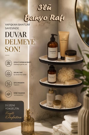 Porsima 0447 3'li İstiridye Banyo Köşe Rafı - Paslanmaz Yapışkanlı Duş Rafı Banyo Düzenleyici Organi