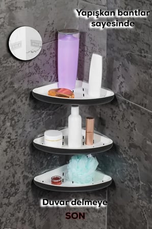 Porsima 0447 3'li İstiridye Banyo Köşe Rafı - Paslanmaz Yapışkanlı Duş Rafı Banyo Düzenleyici Organi