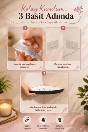 Porsima 0447 3'li İstiridye Banyo Köşe Rafı - Paslanmaz Yapışkanlı Duş Rafı Banyo Düzenleyici Organi