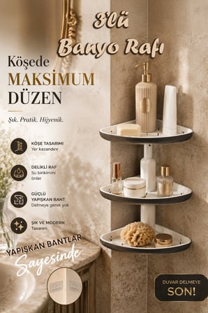 Porsima 0447 3' lü İstiridye Banyo Köşe Rafı - Paslanmaz Yapışkanlı Duş Rafı Banyo Düzenleyici Organ
