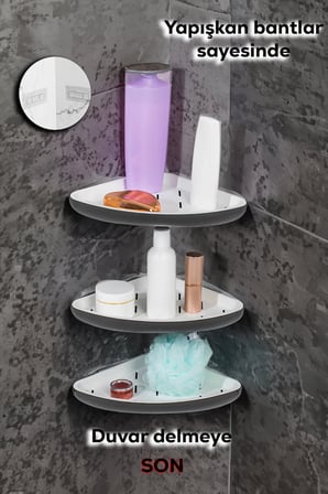 Porsima 0447 3' lü İstiridye Banyo Köşe Rafı - Paslanmaz Yapışkanlı Duş Rafı Banyo Düzenleyici Organ