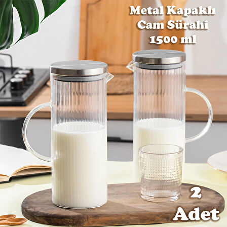 Porsima Alisa 2'li Borosilikat Cam Sürahi Metal Kapaklı Cam Karaf - Detoks Sürahi 1500 Ml